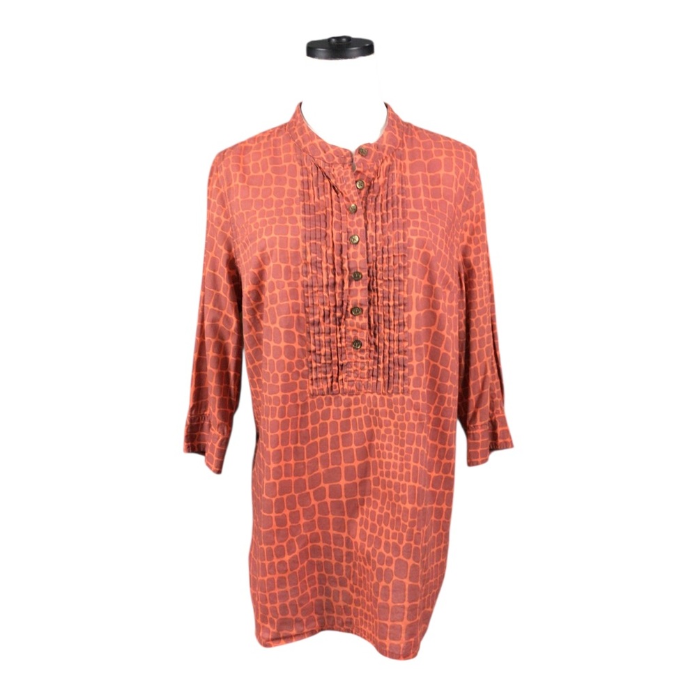 Isaac Mizrahi Rust Orange Printed Tunic Pintuck Button Front Large